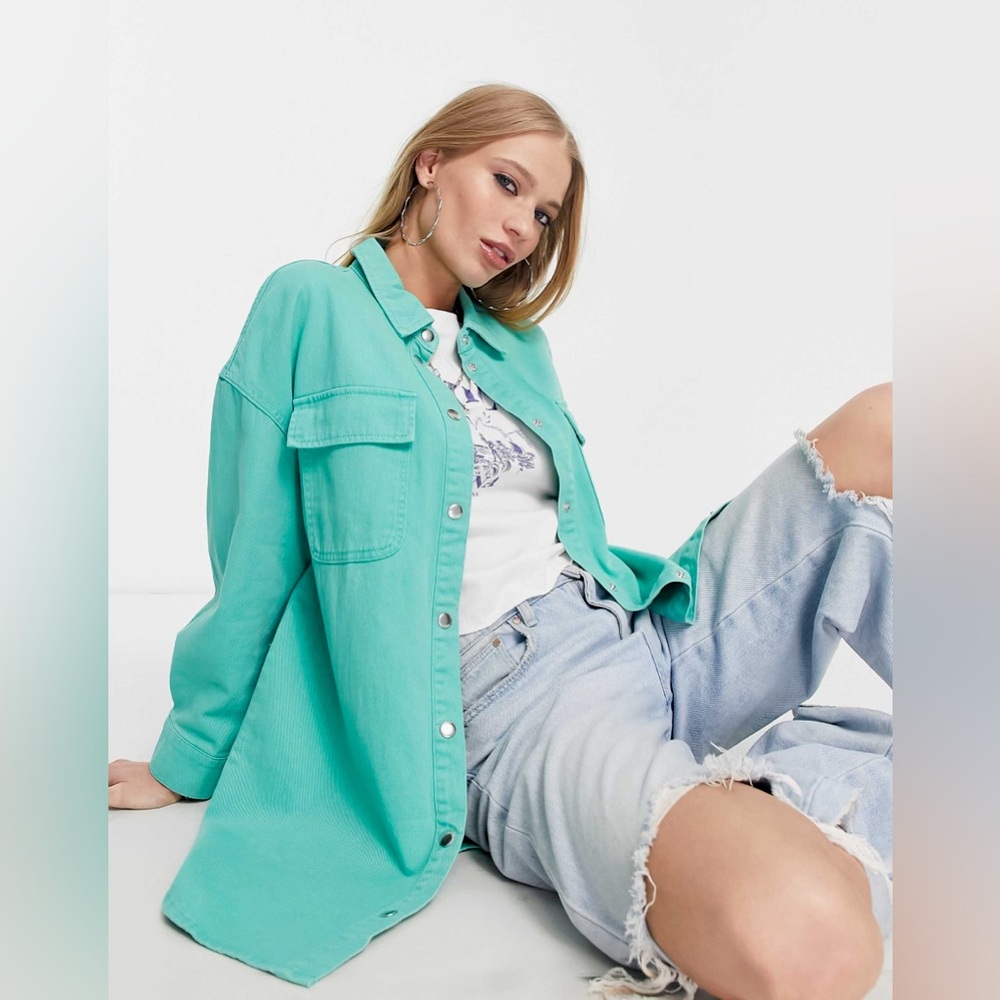 NWOT- ONLY DENIM oversized pocket detail denim shirt in turquoise